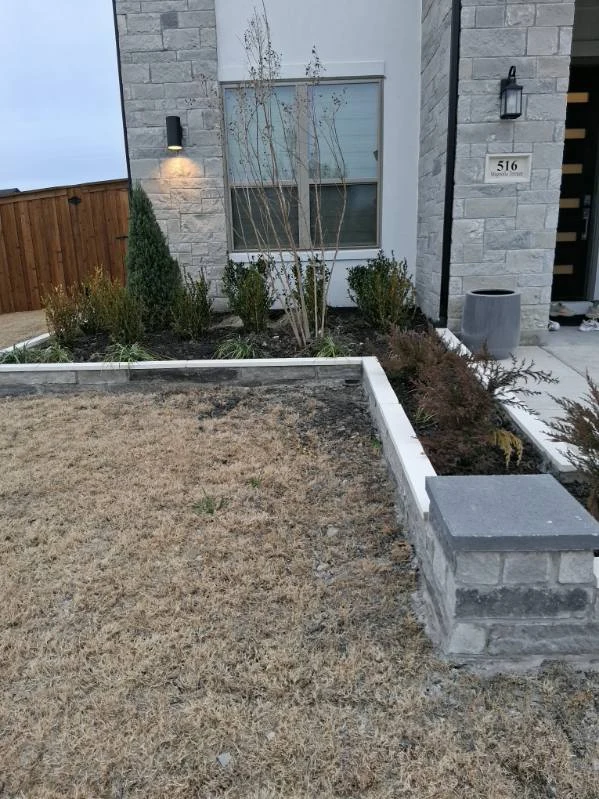 A low stone wall outlines the lawn and planted bed beside a modern entrance.