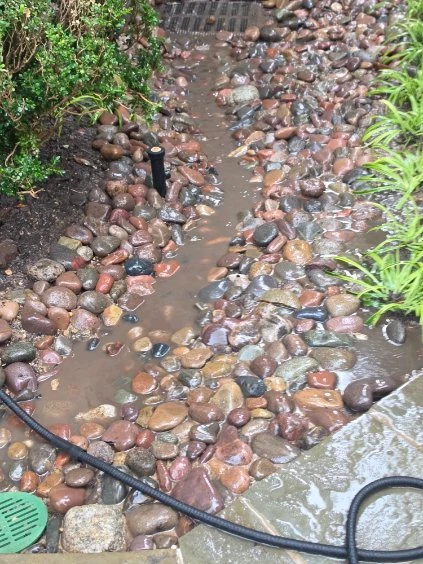 Water moves through a rock-lined channel beside planted borders.