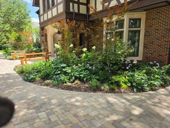 A curved bed of mixed foliage and small trees follows a stone-paved entrance.